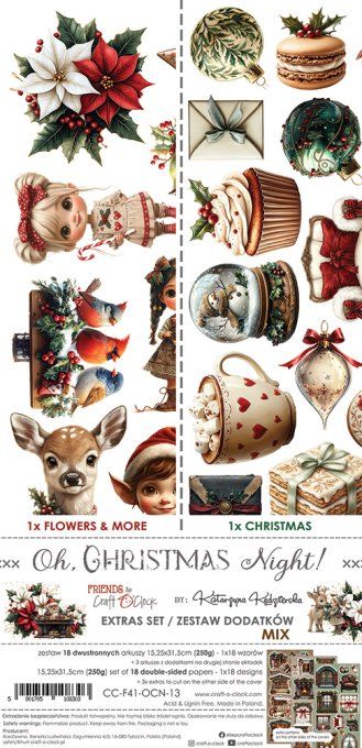 Ensemble de 18 feuilles, 15x30cm, collection : Oh christmas night, Craft O Clock, 250g - Mix