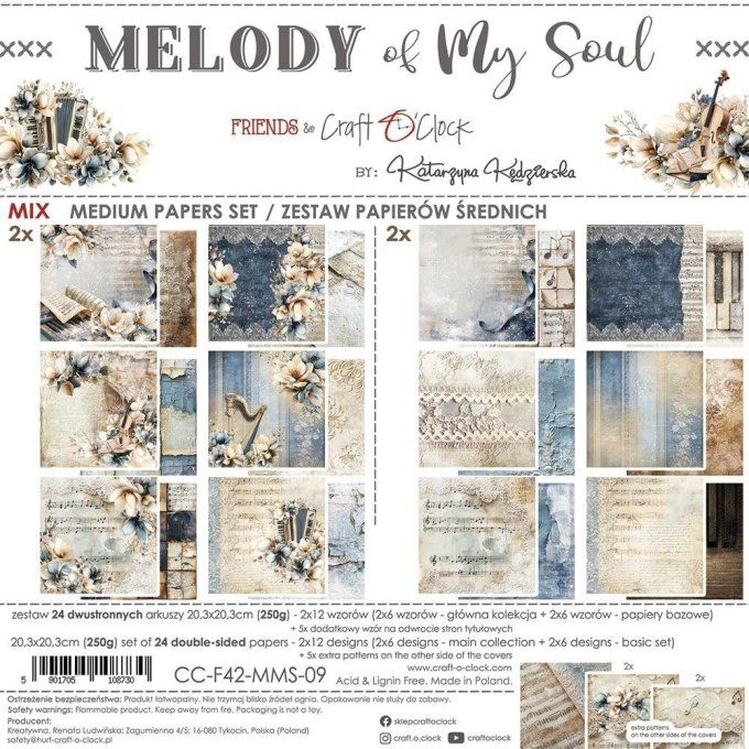 24 feuilles, 20x20cm, collection : Melody of my soul - Craft O Clock, 250g - Mix