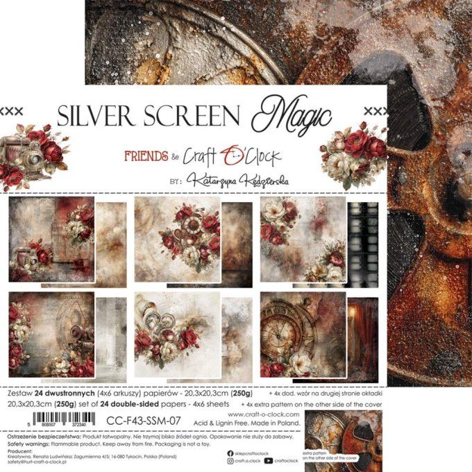 24 feuilles, 20x20cm, collection : Silver Screen Magic - Craft O Clock, 250g