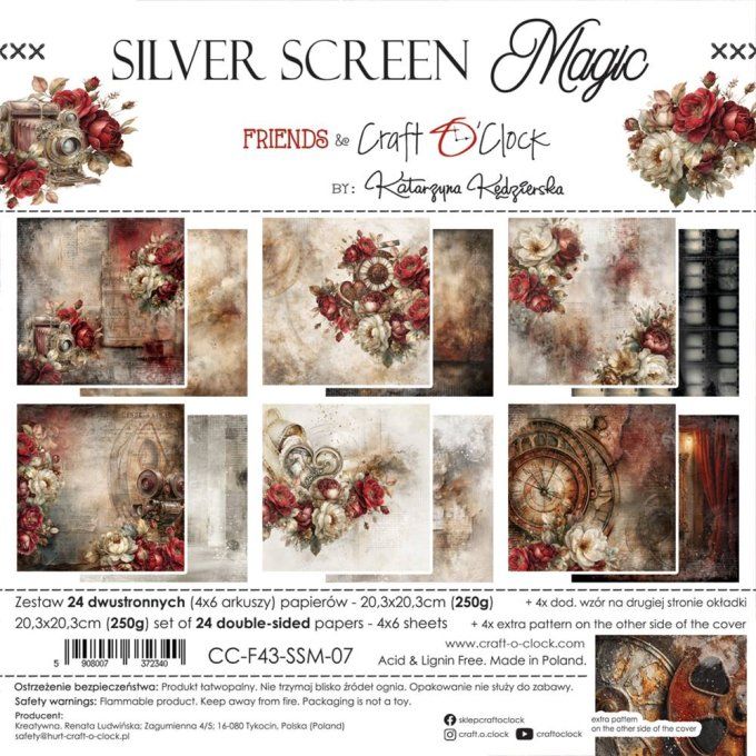 24 feuilles, 20x20cm, collection : Silver Screen Magic - Craft O Clock, 250g
