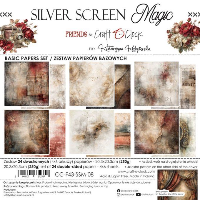 24 feuilles, 20x20cm, collection : Silver Screen Magic - Craft O Clock, 250g - Basic