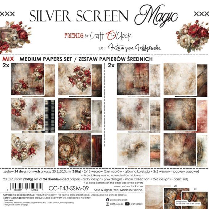 24 feuilles, 20x20cm, collection : Silver Screen Magic - Craft O Clock, 250g - Mix