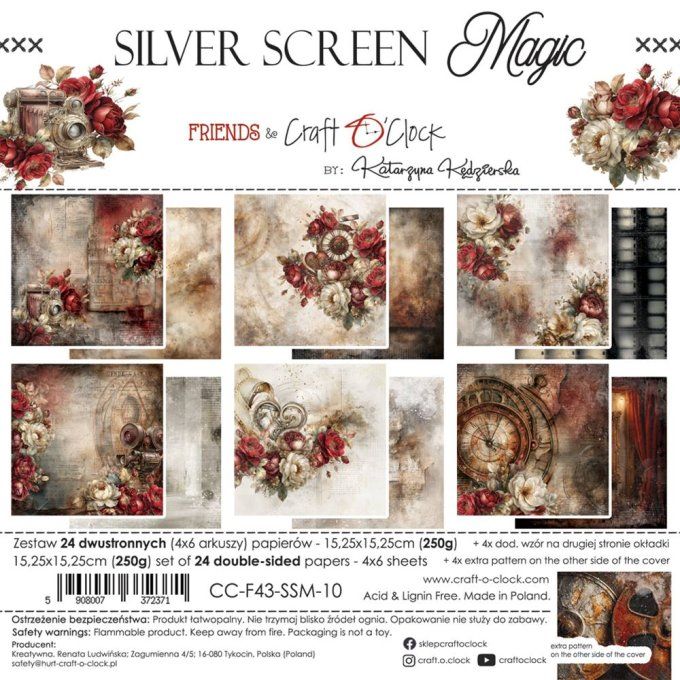24 feuilles, 15x15cm, collection : Silver Screen Magic - Craft O Clock, 250g