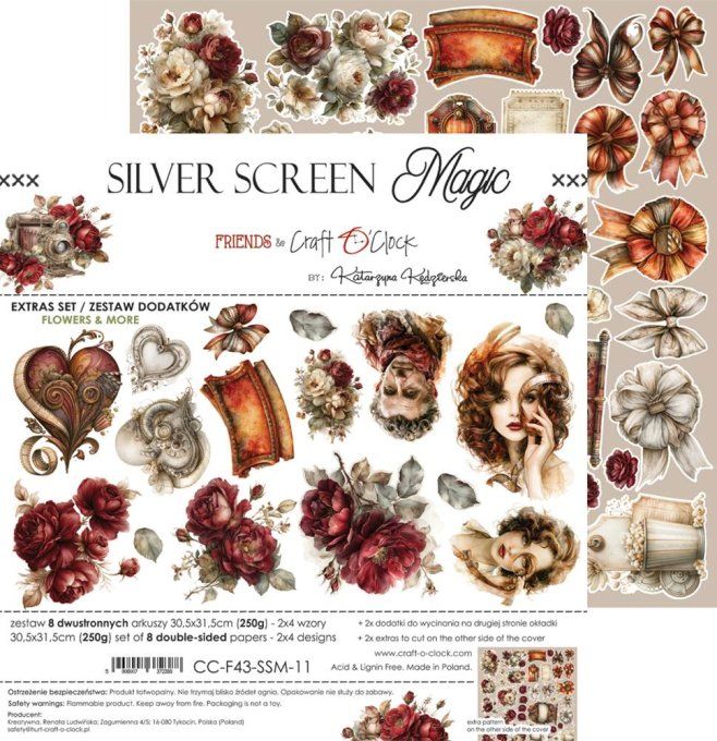 8 feuilles, 30x31cm, collection : Silver Screen Magic - Craft O Clock, 250g - Eléments à découper 
