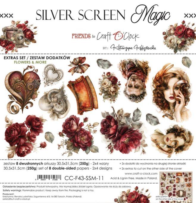 8 feuilles, 30x31cm, collection : Silver Screen Magic - Craft O Clock, 250g - Eléments à découper 