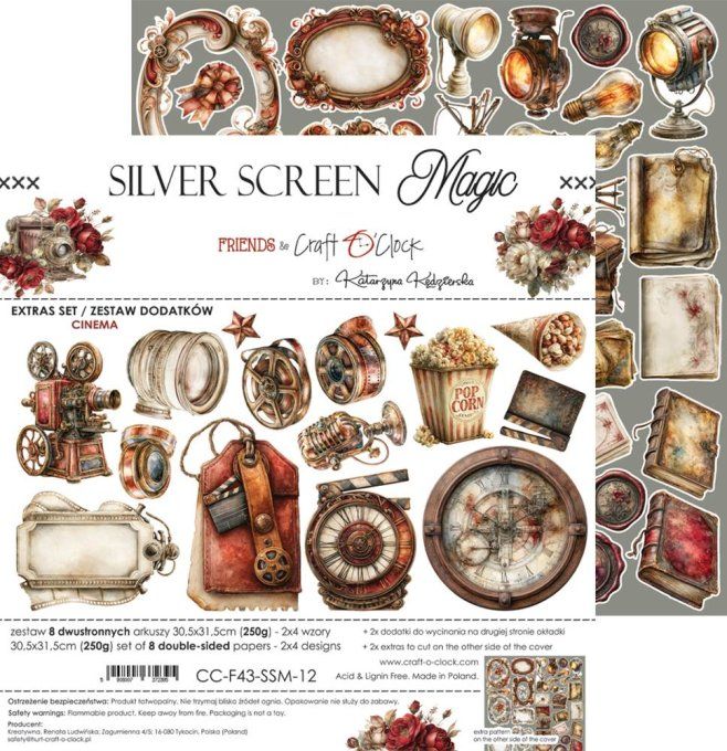 8 feuilles, 30x31cm, collection : Silver Screen Magic - Craft O Clock, 250g - Eléments à découper  