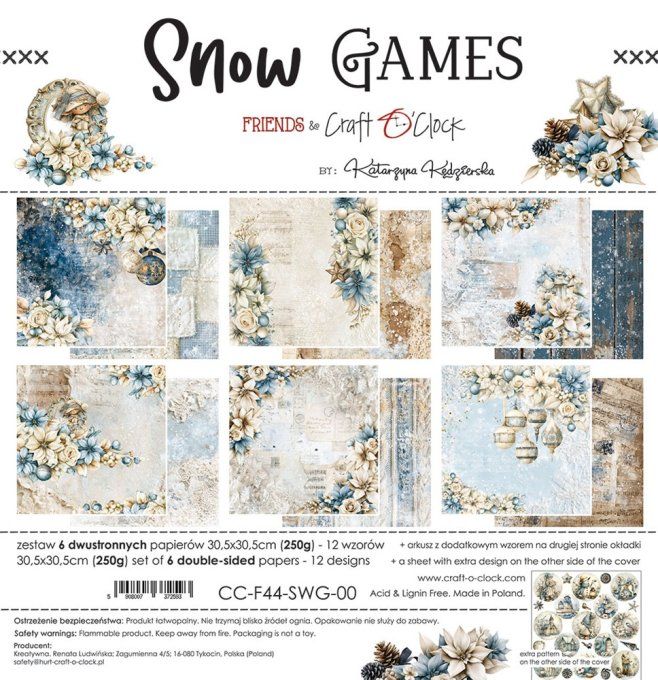 6 feuilles, 30x30cm, collection : Snow games - Craft O Clock, 250gsm
