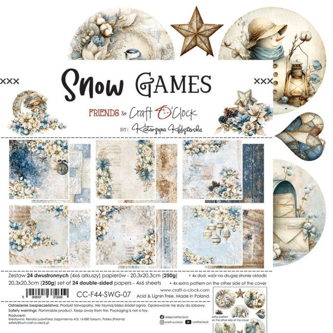 24 feuilles, 20x20cm, collection : Snow games - Craft O Clock, 250g