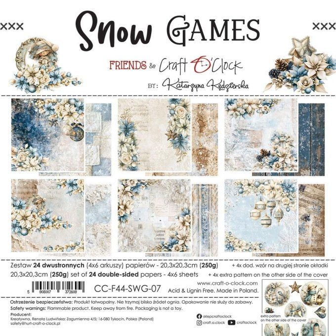 24 feuilles, 20x20cm, collection : Snow games - Craft O Clock, 250g