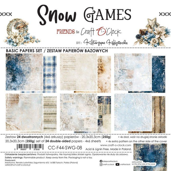 24 feuilles, 20x20cm, collection : Snow games - Craft O Clock, 250g