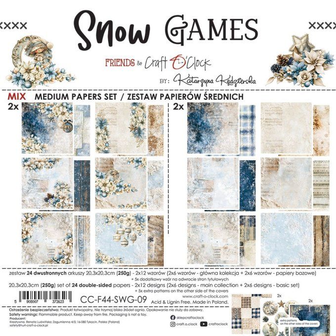 24 feuilles, 20x20cm, collection : Snow games - Craft O Clock, 250g - Mix