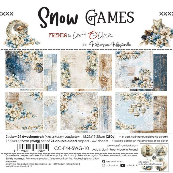 24 feuilles, 15x15cm, collection : Snow games - Craft O Clock, 250gsm 