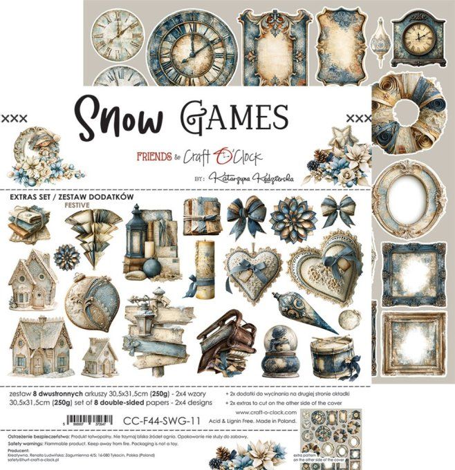 8 feuilles, 30x31cm, collection : Snow games - Craft O Clock, 250g - Eléments à découper