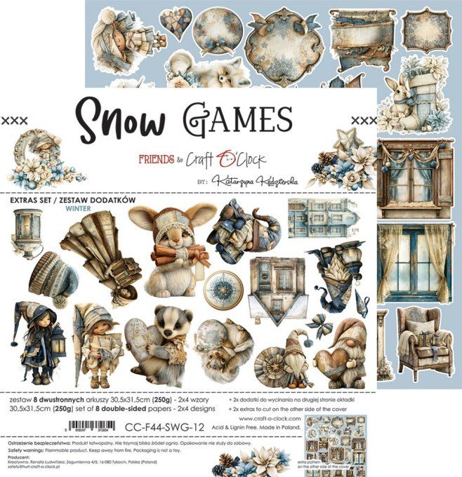 8 feuilles, 30x31cm, collection : Snow games - Craft O Clock, 250g - Eléments à découper