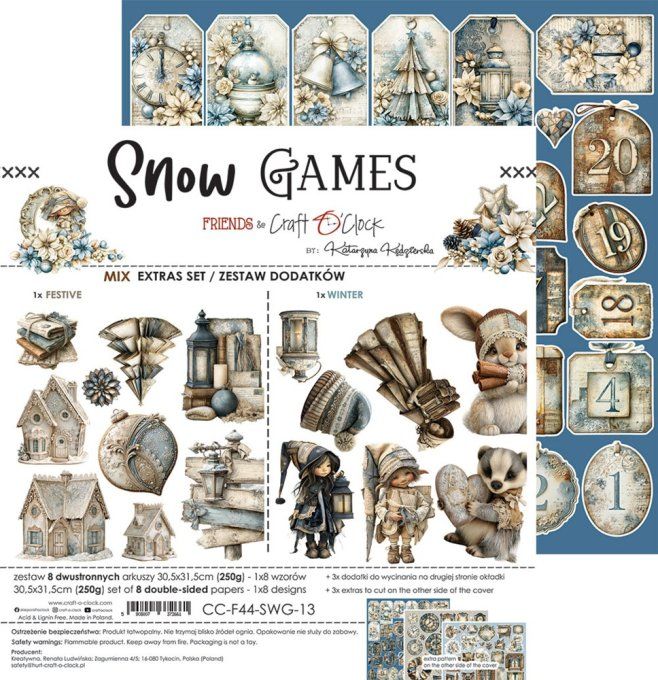 8 feuilles, 30x31cm, collection : Snow games - Craft O Clock, 250g - Eléments à découper -Mix