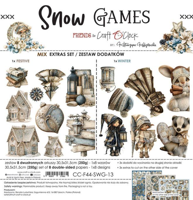 8 feuilles, 30x31cm, collection : Snow games - Craft O Clock, 250g - Eléments à découper -Mix