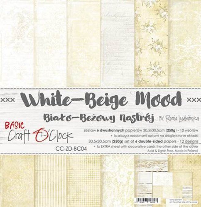 Ensemble de 6 feuilles, 30x30cm, white-beige mood - Craft O Clock  - motif recto verso - 250g