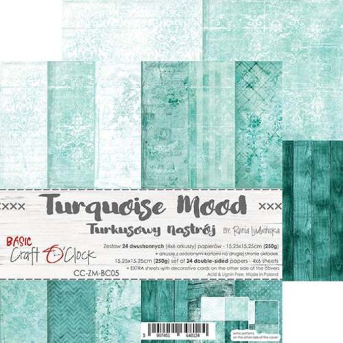 Ensemble de 24 feuilles, 15x15cm, turquoise mood - Craft O Clock  - motif recto verso - 250g 