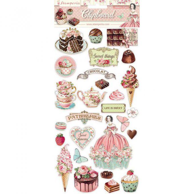 Planche de 25 chipboards, collection Sweety,  Stamperia, Dimension de la planche 15x30cm