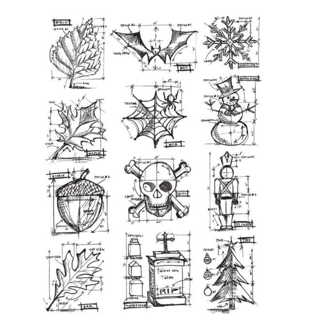 12 Tampons cling/caoutchouc - Stampers anonymous, Mini Blueprints