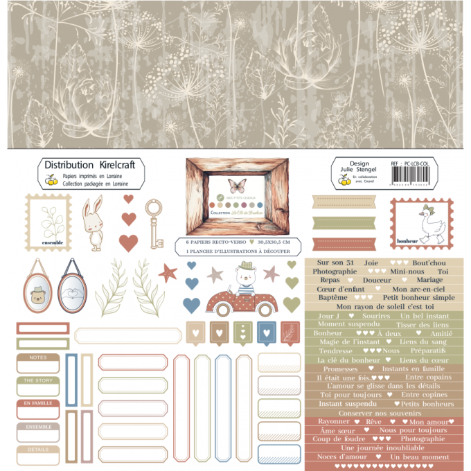 6 feuilles en 30x30cm, La clé du bonheur, mes ptits ciseaux - motifs recto/verso