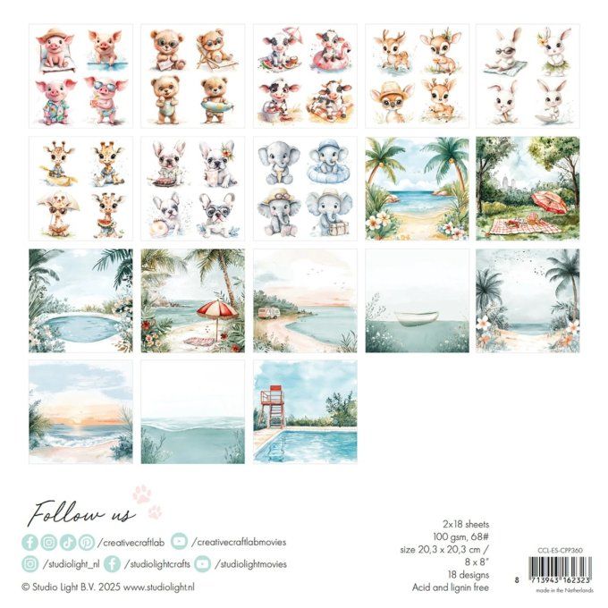 StudioLight, Craftlab - 18 designs, ensemble de papiers 20x20cm, 100gsm - Summer breeze