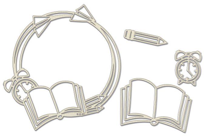 5 Chipboards, Rentrée scolaire, cadre et petits accessoires - dim. de la planche : 14.5x14.5mm env.