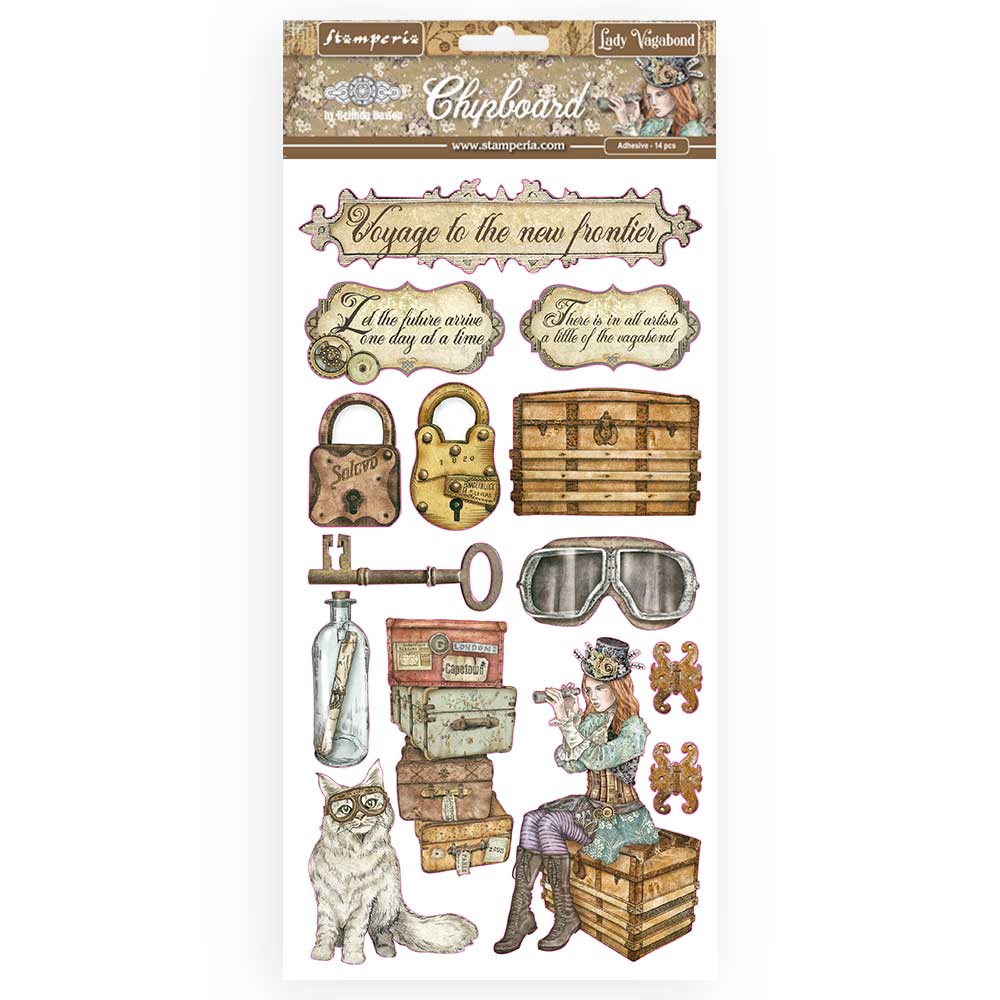 14 chipboards adhésifs, collection : Lady vagabond - Stamperia - planche de 15x30cm