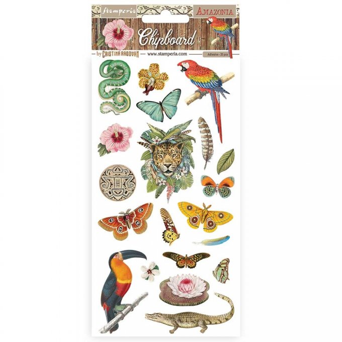 20 chipboards adhésifs, collection :Amazonia - Stamperia - planche de 15x30cm