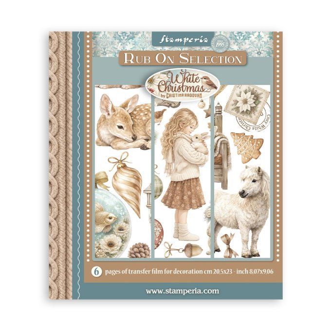 Stamperia, 6 Planches de rub-on format 20.5x23cm : White christmas