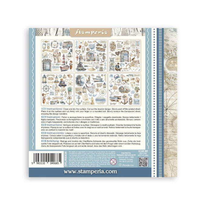 Stamperia, 6 Planches de rub-on format 15.5x15.5cm : silent sea