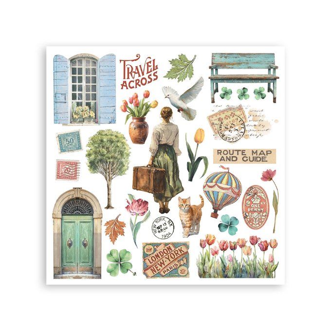Stamperia, 6 Planches de rub-on format 15.5x15.5cm : Art of travelling