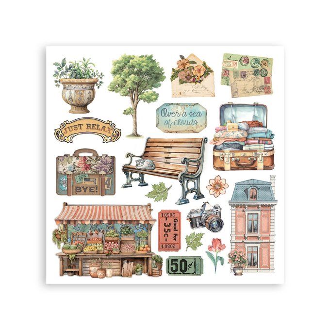 Stamperia, 6 Planches de rub-on format 15.5x15.5cm : Art of travelling