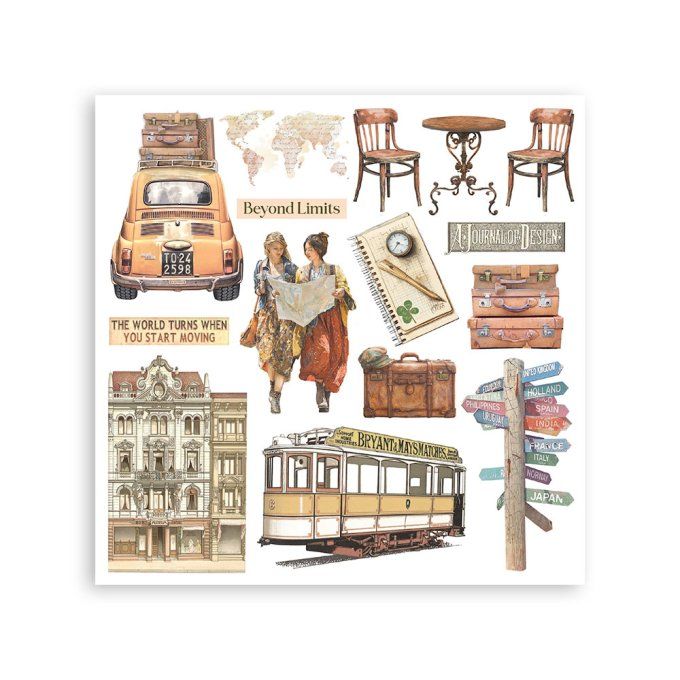 Stamperia, 6 Planches de rub-on format 15.5x15.5cm : Art of travelling