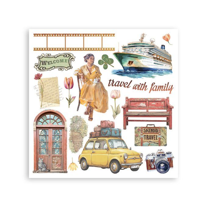 Stamperia, 6 Planches de rub-on format 15.5x15.5cm : Art of travelling