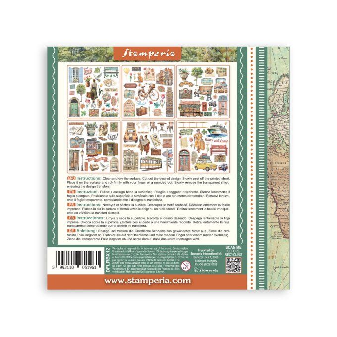 Stamperia, 6 Planches de rub-on format 15.5x15.5cm : Art of travelling