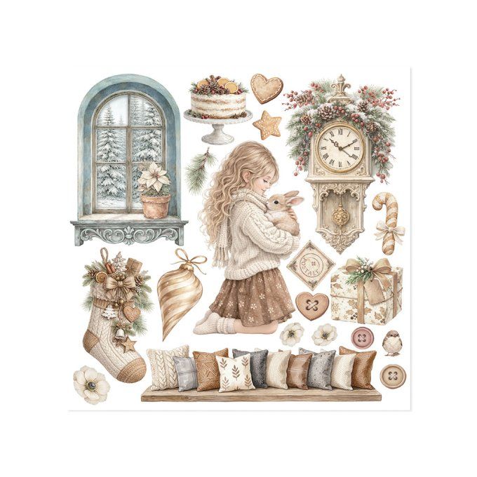 Stamperia, 6 Planches de rub-on format 15.5x15.5cm : White christmas