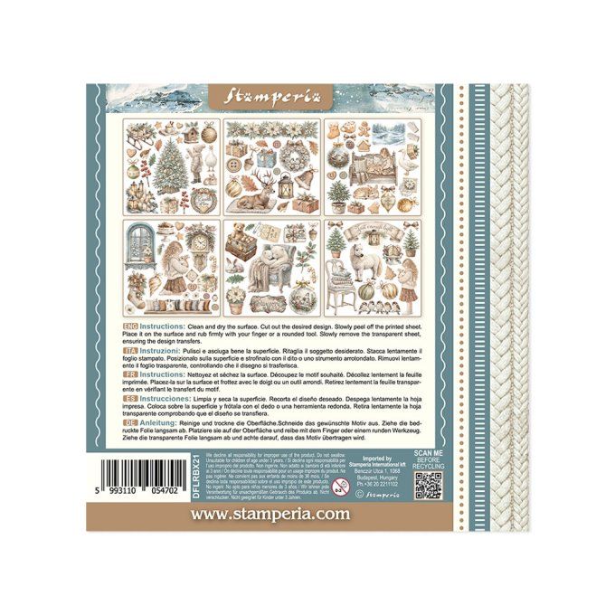Stamperia, 6 Planches de rub-on format 15.5x15.5cm : White christmas