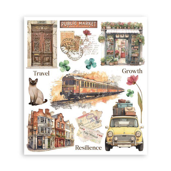 Stamperia, 6 Planches de rub-on format 20.5x23cm : Art of travelling