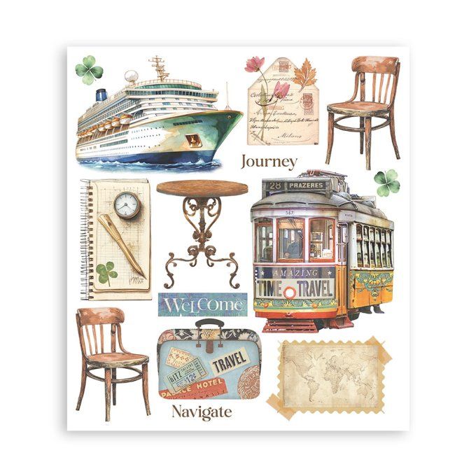 Stamperia, 6 Planches de rub-on format 20.5x23cm : Art of travelling