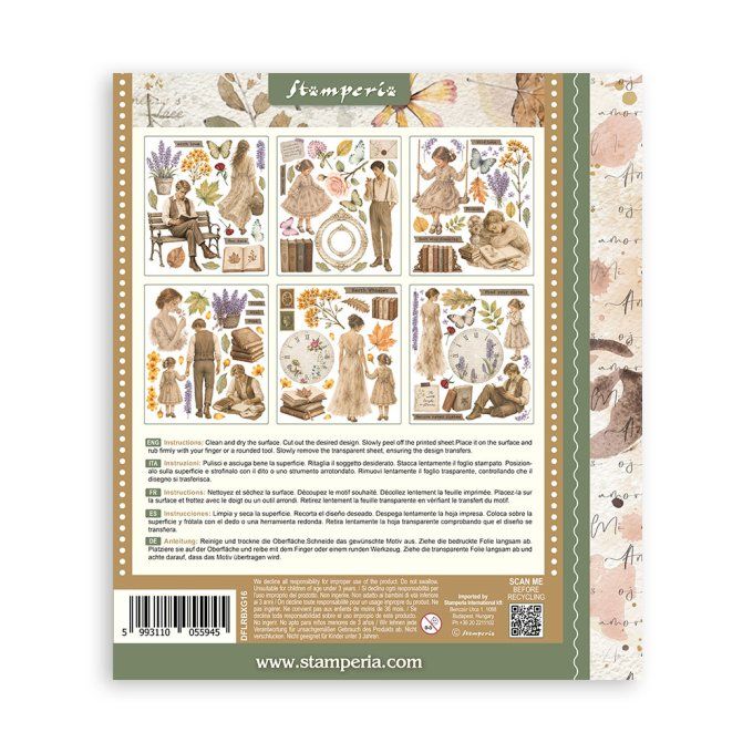 Stamperia, 6 Planches de rub-on format 20.5x23cm : Flowers and Poems