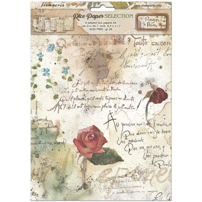 6 Feuilles de riz, Stampéria, Format A4 - Flowers and Poems
