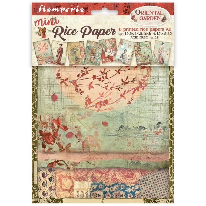 8 Feuilles de riz, Stampéria, Format A6 (10.5x14.8cm) - Oriental Garden