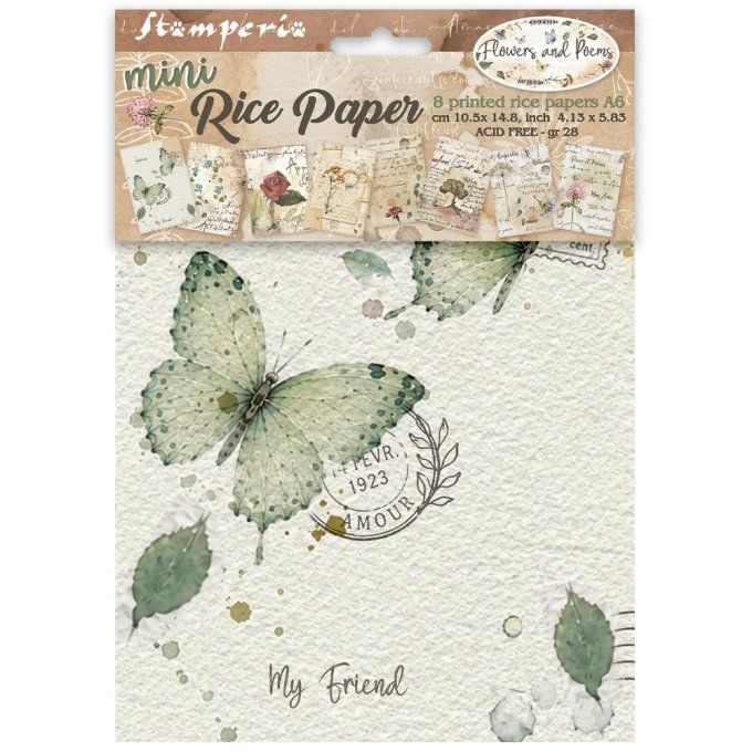 8 Feuilles de riz, Stampéria, Format A6 (10.5x14.8cm) - Flowers end Poems