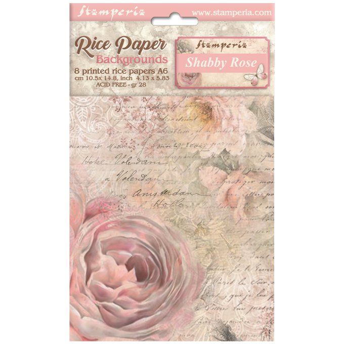 8 Feuilles de riz, Stampéria, Format A6 (10.5x14.8cm) - Shabby rose