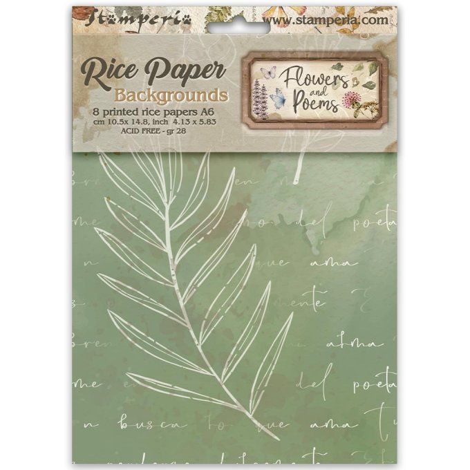 8 Feuilles de riz, Stampéria, Format A6 (10.5x14.8cm) - Flowers end Poems