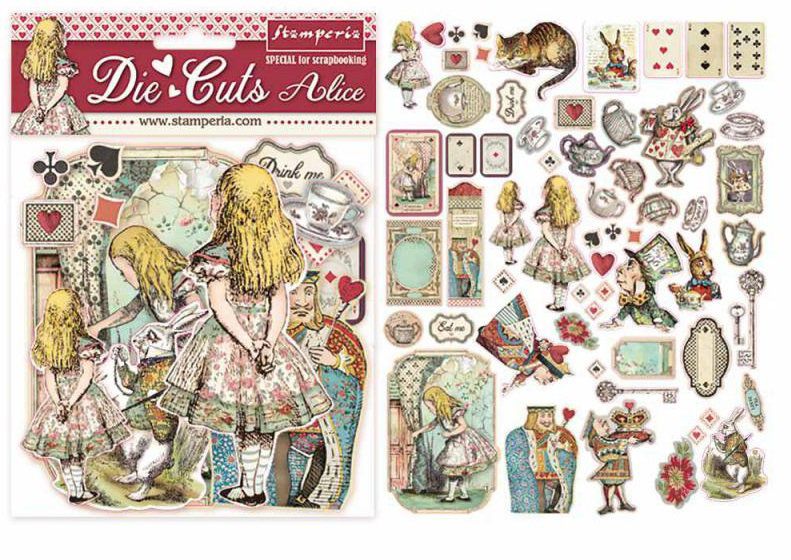 Ensemble de 62 pièces de die-cuts (chipboards), collection : Alice - Stamperia