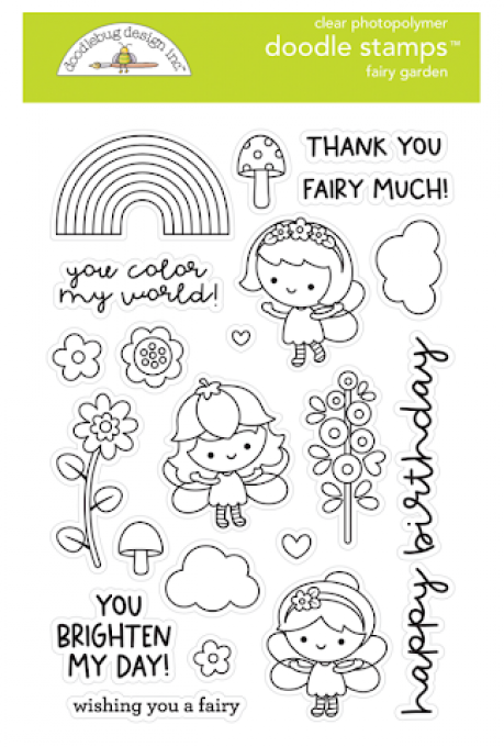 18 petits Tampons clear, Doodlebug - Fairy garden , dim. de la planche : 10.5x14.5cm env.