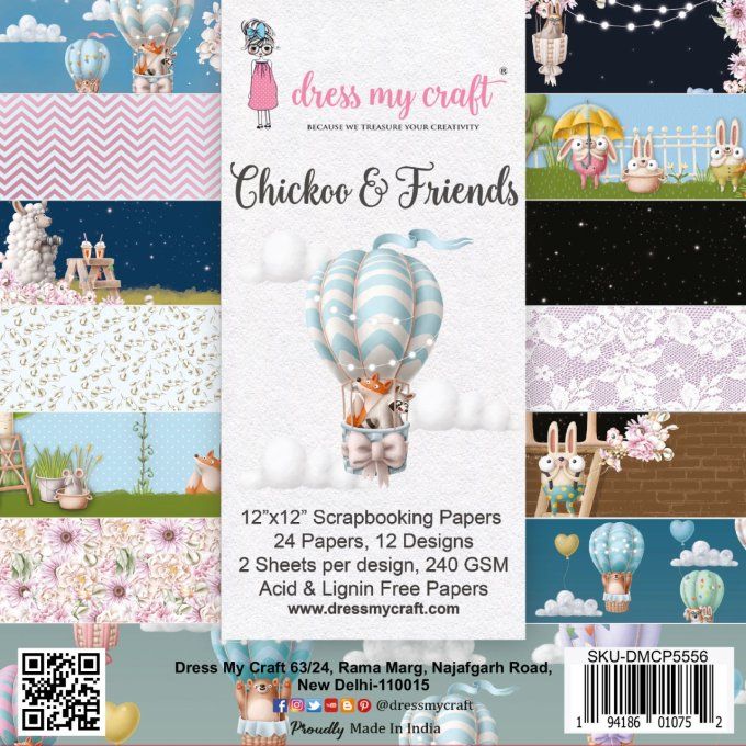 24 feuilles, Dress my craft, Chickoo & friends - 30x30cm  - 12 designs, 240g, motif recto