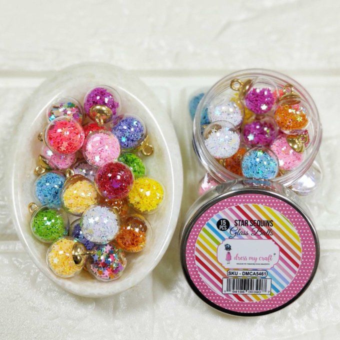 15 Perles globes en verre remplies d'étoiles de différentes couleurs, diamètre 15mm environ